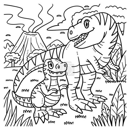 Illustration for A cute and funny coloring page of a Mother T-Rex and Baby T-Rex. Provides hours of coloring fun for children. Color, this page is very easy. Suitable for little kids and toddlers. - Royalty Free Image