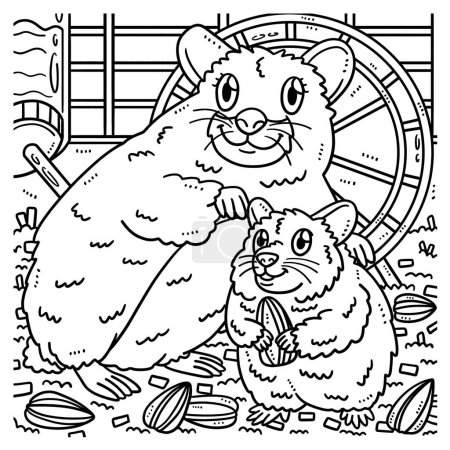 Illustration for A cute and funny coloring page of a Mother Hamster and a Baby Hamster. Provides hours of coloring fun for children. Color, this page is very easy. Suitable for little kids and toddlers. - Royalty Free Image