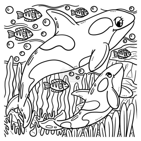 Illustration for A cute and funny coloring page of a Mother Killer Whale and a Baby Killer Whale. Provides hours of coloring fun for children. Color, this page is very easy. Suitable for little kids and toddlers. - Royalty Free Image