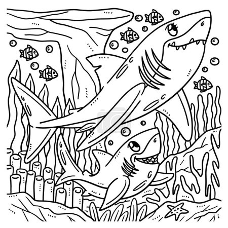 Illustration for A cute and funny coloring page of a Mother and Baby Great White Shark. Provides hours of coloring fun for children. Color, this page is very easy. Suitable for little kids and toddlers. - Royalty Free Image
