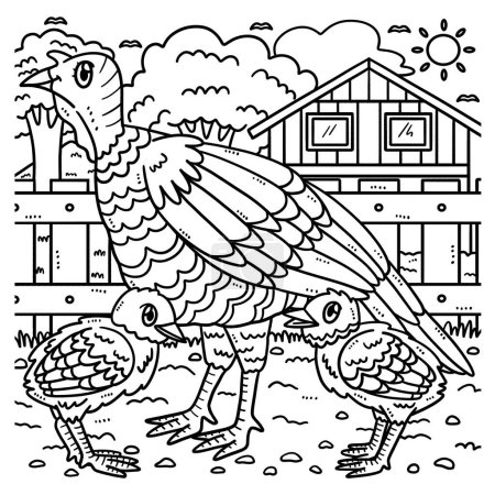 Illustration for A cute and funny coloring page of a Mother Turkey and Baby Turkey. Provides hours of coloring fun for children. Color, this page is very easy. Suitable for little kids and toddlers. - Royalty Free Image