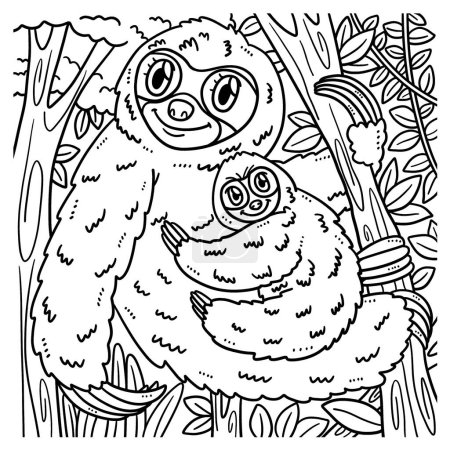 Illustration for A cute and funny coloring page of a Mother Sloth and a Baby Sloth. Provides hours of coloring fun for children. Color, this page is very easy. Suitable for little kids and toddlers. - Royalty Free Image