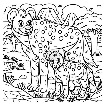 Illustration for A cute and funny coloring page of a Mother Hyena and Baby Hyena. Provides hours of coloring fun for children. Color, this page is very easy. Suitable for little kids and toddlers. - Royalty Free Image