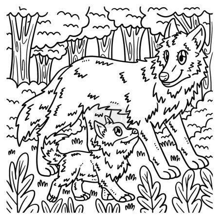 Illustration pour A cute and funny coloring page of a Mother Wolf and Baby Wolf. Provides hours of coloring fun for children. Color, this page is very easy. Suitable for little kids and toddlers. - image libre de droit