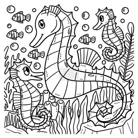 Illustration for A cute and funny coloring page of a Mother Seahorse and a Baby Seahorse. Provides hours of coloring fun for children. Color, this page is very easy. Suitable for little kids and toddlers. - Royalty Free Image
