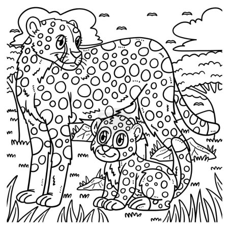 Illustration for A cute and funny coloring page of a Mother Cheetah and Baby Cheetah. Provides hours of coloring fun for children. Color, this page is very easy. Suitable for little kids and toddlers. - Royalty Free Image