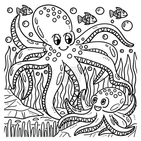 Illustration for A cute and funny coloring page of a Mother Octopus and a Baby Octopus. Provides hours of coloring fun for children. Color, this page is very easy. Suitable for little kids and toddlers. - Royalty Free Image
