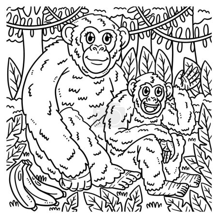 Illustration for A cute and funny coloring page of a Mother Chimpanzee and Baby Chimpanzee. Provides hours of coloring fun for children. Color, this page is very easy. Suitable for little kids and toddlers. - Royalty Free Image