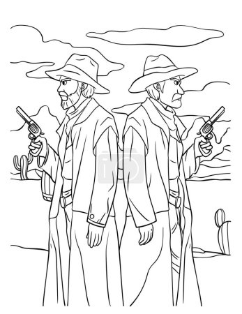 Illustration for A cute and funny coloring page of a Cowboy Duel. Provides hours of coloring fun for children. Color, this page is very easy. Suitable for little kids and toddlers. - Royalty Free Image
