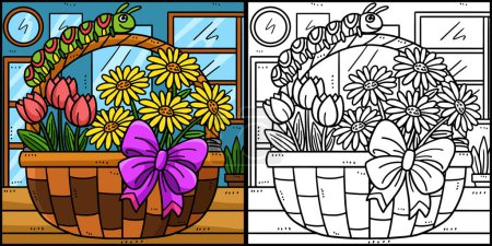 Illustration for This coloring page shows a Spring Caterpillar On A Basket Of Flowers. One side of this illustration is colored and serves as an inspiration for children. - Royalty Free Image