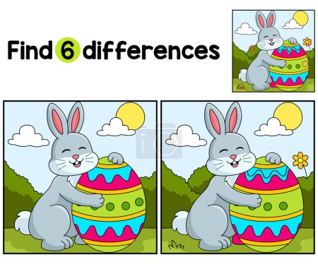 Ilustración de Find or spot the differences on this Rabbit Hugging Easter Egg kids activity page. A funny and educational puzzle-matching game for children. - Imagen libre de derechos