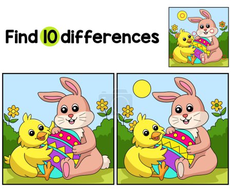 Ilustración de Find or spot the differences on this Easter Egg Rabbit And Chick kids activity page. A funny and educational puzzle-matching game for children. - Imagen libre de derechos