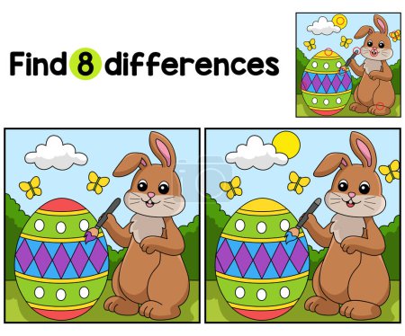 Ilustración de Find or spot the differences on this Rabbit Painting Easter Egg kids activity page. A funny and educational puzzle-matching game for children. - Imagen libre de derechos