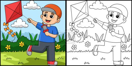 Illustration for This coloring page shows a Spring Boy Flying a Kite. One side of this illustration is colored and serves as an inspiration for children. - Royalty Free Image