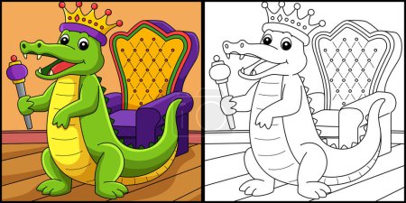 Ilustración de This coloring page shows a Mardi Gras Crown King Crocodile. One side of this illustration is colored and serves as an inspiration for children. - Imagen libre de derechos