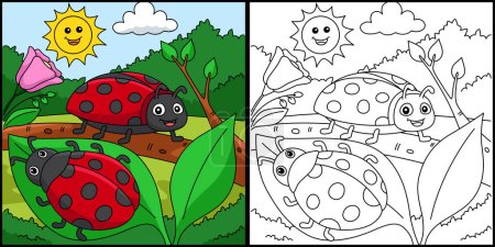 This coloring page shows a Spring Two Ladybug. One side of this illustration is colored and serves as an inspiration for children.