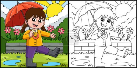 This coloring page shows a Spring Girl Holding an Umbrella. One side of this illustration is colored and serves as an inspiration for children.