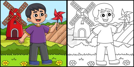 This coloring page shows a Spring Boy Holding a Pinwheel. One side of this illustration is colored and serves as an inspiration for children.