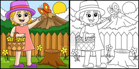 Illustration for This coloring page shows a Spring Girl Holding a Basket with Flower. One side of this illustration is colored and serves as an inspiration for children. - Royalty Free Image
