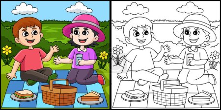 Illustration for This coloring page shows a Spring Girl and Boy Having a Picnic. One side of this illustration is colored and serves as an inspiration for children. - Royalty Free Image