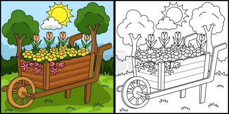This coloring page shows a Wheelbarrow with Flowers. One side of this illustration is colored and serves as an inspiration for children.