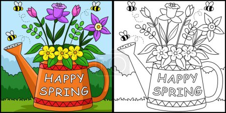 Illustration for This coloring page shows a Happy Spring Flower. One side of this illustration is colored and serves as an inspiration for children. - Royalty Free Image