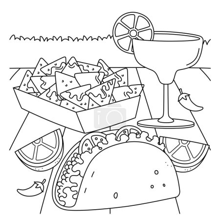 A cute and funny coloring page of a taco, nachos, and margaritas. Provides hours of coloring fun for children. Color, this page is very easy. Suitable for little kids and toddlers.