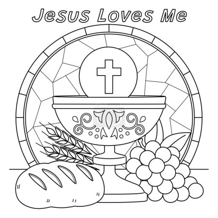 A cute and funny coloring page of Jesus Loves Me with bread and wine. Provides hours of coloring fun for children. Color, this page is very easy. Suitable for little kids and toddlers.