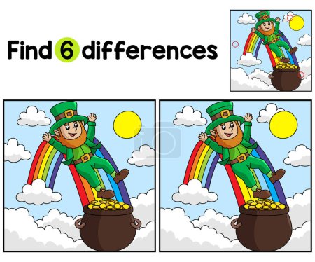 Find or spot the differences on this St. Patricks Day leprechaun on a rainbow kids activity page. A funny and educational puzzle-matching game for children.