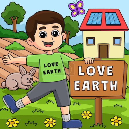 Ilustración de Este clipart de dibujos animados muestra una ilustración de Boy Holding a Love Earth Sign. - Imagen libre de derechos