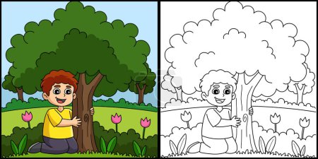 Diese Malseite zeigt einen Jungen, der einen Baum umarmt. Eine Seite dieser Illustration ist farbig und dient Kindern als Inspiration.