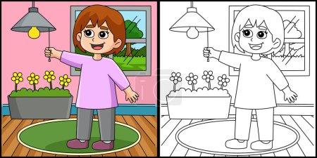 This coloring page shows a Girl Conserving Energy. One side of this illustration is colored and serves as an inspiration for children.