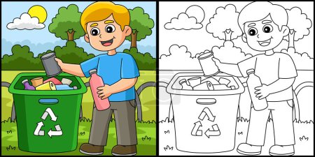 Diese Malseite zeigt einen Jungen beim Recycling. Eine Seite dieser Illustration ist farbig und dient Kindern als Inspiration.
