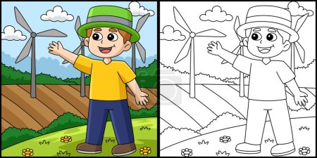 Diese Malseite zeigt einen Jungen, der eine Windmühle zeigt. Eine Seite dieser Illustration ist farbig und dient Kindern als Inspiration.