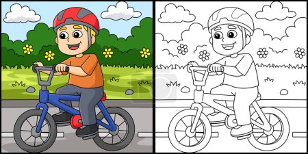 Diese Malseite zeigt einen Jungen beim Radfahren. Eine Seite dieser Illustration ist farbig und dient Kindern als Inspiration.