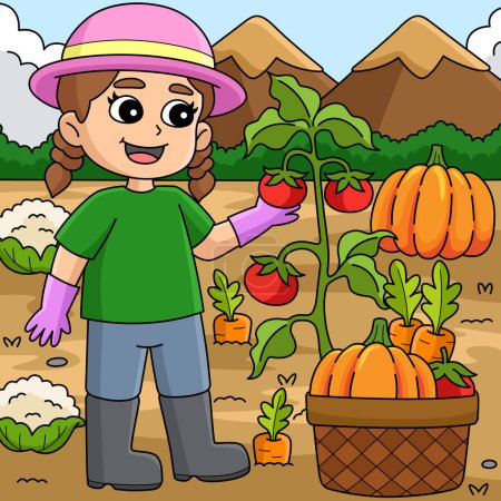 Ce clipart de bande dessinée montre une illustration de légumes de plantation de fille.