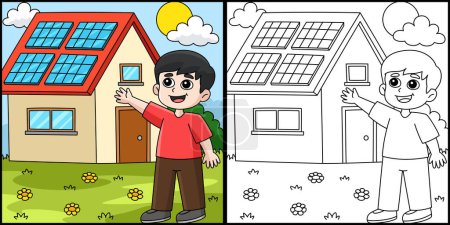 Illustration for This coloring page shows a Boy with a Solar Panel House. One side of this illustration is colored and serves as an inspiration for children. - Royalty Free Image