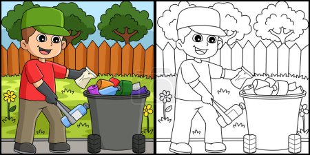 Ilustración de Esta página para colorear muestra un niño recogiendo basura. Un lado de esta ilustración es de color y sirve como inspiración para los niños. - Imagen libre de derechos