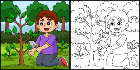 Diese Malseite zeigt einen Jungen, der Bäume pflanzt. Eine Seite dieser Illustration ist farbig und dient Kindern als Inspiration.
