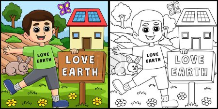 Illustration for This coloring page shows a Boy Holding a Love Earth Sign. One side of this illustration is colored and serves as an inspiration for children. - Royalty Free Image