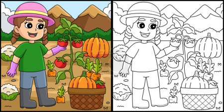 Diese Malseite zeigt ein Mädchen, das Gemüse pflanzt. Eine Seite dieser Illustration ist farbig und dient Kindern als Inspiration.