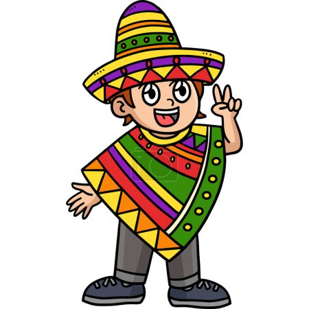 Téléchargez les illustrations : Ce clipart de bande dessinée montre une illustration de garçon mexicain heureux Cinco de Mayo. - en licence libre de droit