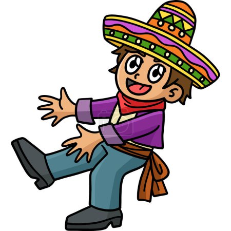 Téléchargez les illustrations : Cette clipart de bande dessinée montre une illustration de Cinco de Mayo Mexican Boy Dancing. - en licence libre de droit