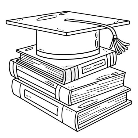 Illustration for A cute and funny coloring page of a Graduation Cap with Books. Provides hours of coloring fun for children. Color, this page is very easy. Suitable for little kids and toddlers. - Royalty Free Image