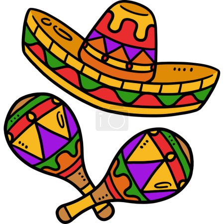 Téléchargez les illustrations : Ce clipart de bande dessinée montre un chapeau mexicain Cinco de Mayo et une illustration de Maracas. - en licence libre de droit