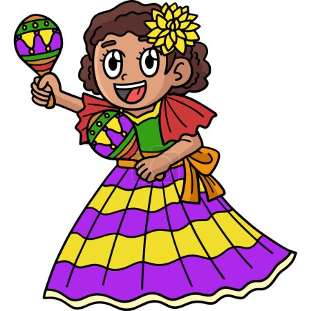 Téléchargez les illustrations : Cette clipart de bande dessinée montre une fille Cinco de Mayo avec une illustration de Maracas. - en licence libre de droit