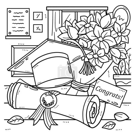 Illustration for A cute and funny coloring page of a Graduation Cap, Bouquet, and Diploma. Provides hours of coloring fun for children. Color, this page is very easy. Suitable for little kids and toddlers. - Royalty Free Image