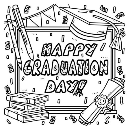Illustration for A cute and funny coloring page of a Happy Graduation Day. Provides hours of coloring fun for children. Color, this page is very easy. Suitable for little kids and toddlers. - Royalty Free Image