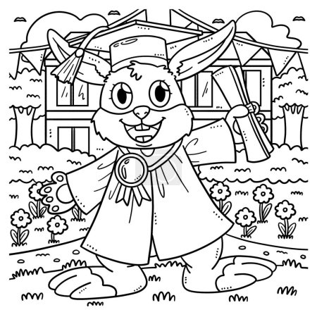 Illustration for A cute and funny coloring page of a Rabbit with a Diploma and Cap. Provides hours of coloring fun for children. Color, this page is very easy. Suitable for little kids and toddlers. - Royalty Free Image