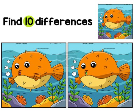 Illustration for Find or spot the differences on this Pufferfish Animal kids activity page. A funny and educational puzzle-matching game for children. - Royalty Free Image